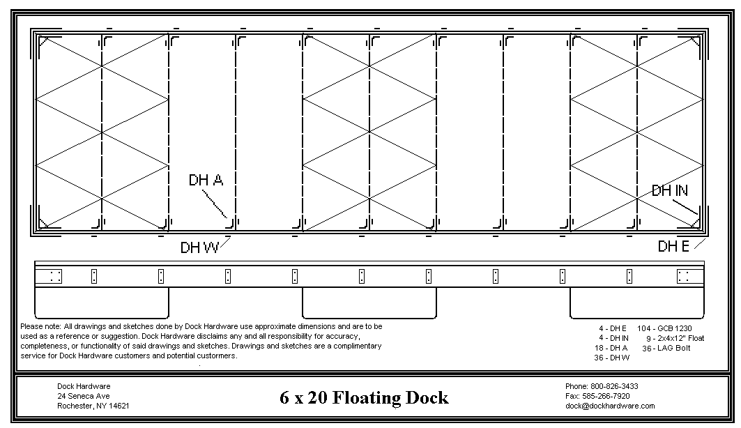 Floating dock kit 6' x 20' DH-DK0620 with galvanized hardware and heavy-duty floats