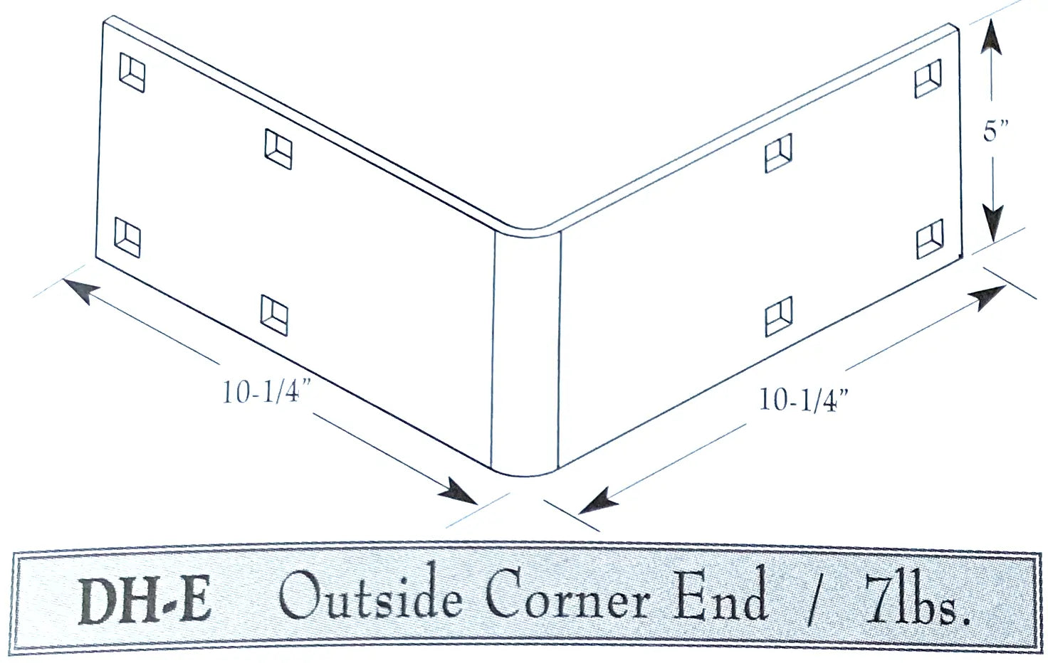 Technical drawing of an outside corner end piece with dimensions labeled