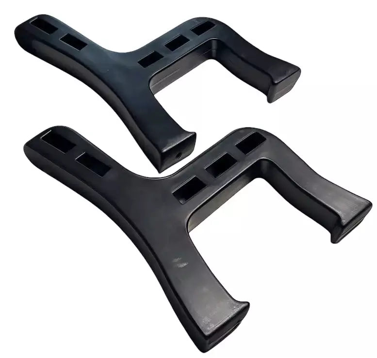 Two black bench end brackets on a white background