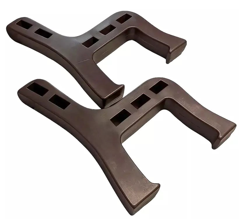 Two brown bench end brackets on a white background