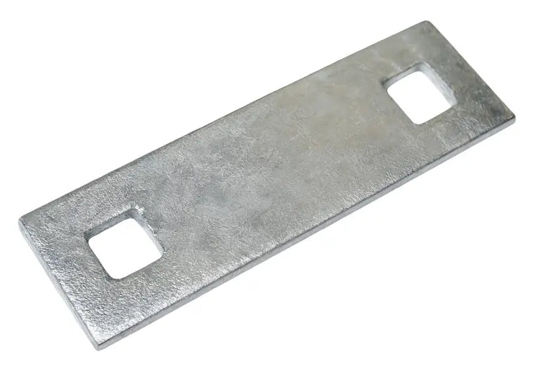 Dock Hardware DH-W Washer Plate, 5″ x 1.5″ galvanized steel plate with 9/16″ bolt holes for 1/2″ bolts, marine-grade dock reinforcement.
