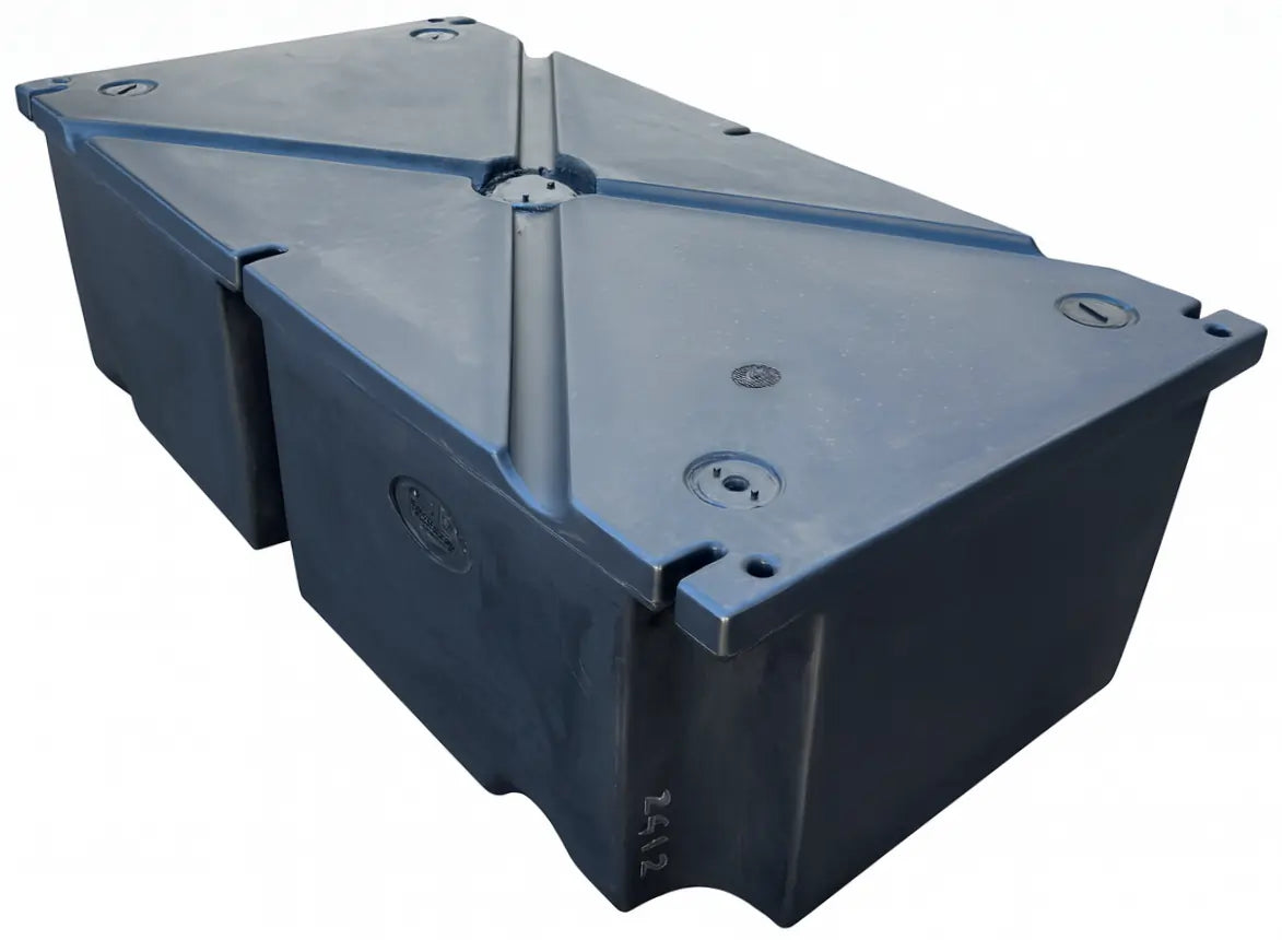 A black, rectangular cast flange dock float with molded mounting slots and a visible brand logo.