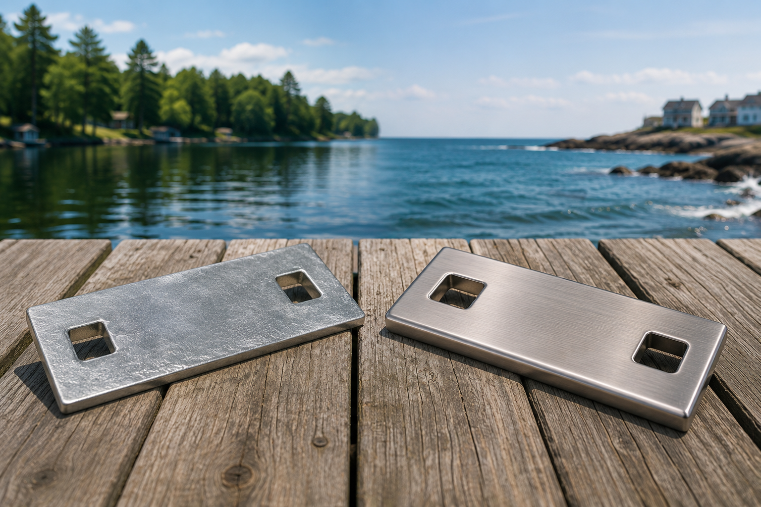 Galvanized steel and 316 stainless dock plates on a weathered dock