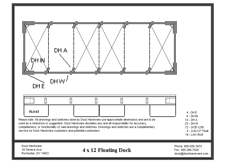 Floating dock kit 4' x 12' DH-DK0412 with galvanized steel hardware and floats