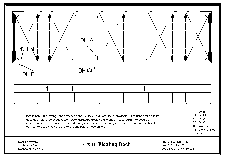 Floating dock kit 4' x 16' DH-DK0416 with galvanized steel hardware and floats
