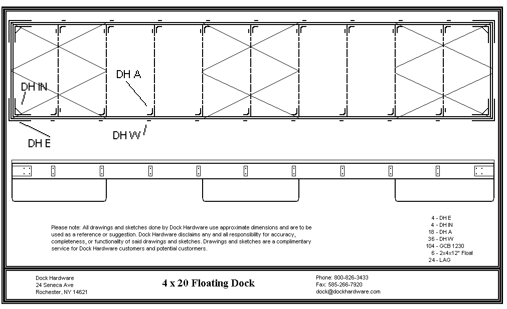 Floating dock kit 4' x 20' DH-DK0420 with galvanized hardware and floats