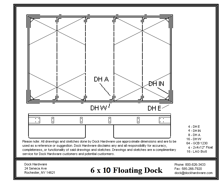 Floating dock kit 6' x 10' DH-DK0610 with galvanized hardware and floats, USA made