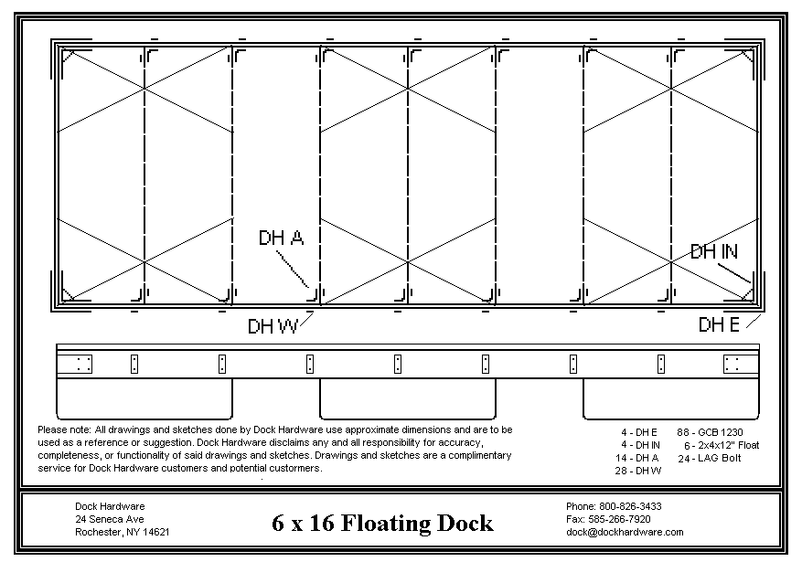 Floating dock kit 6' x 16' DH-DK0616 with galvanized hardware and floats