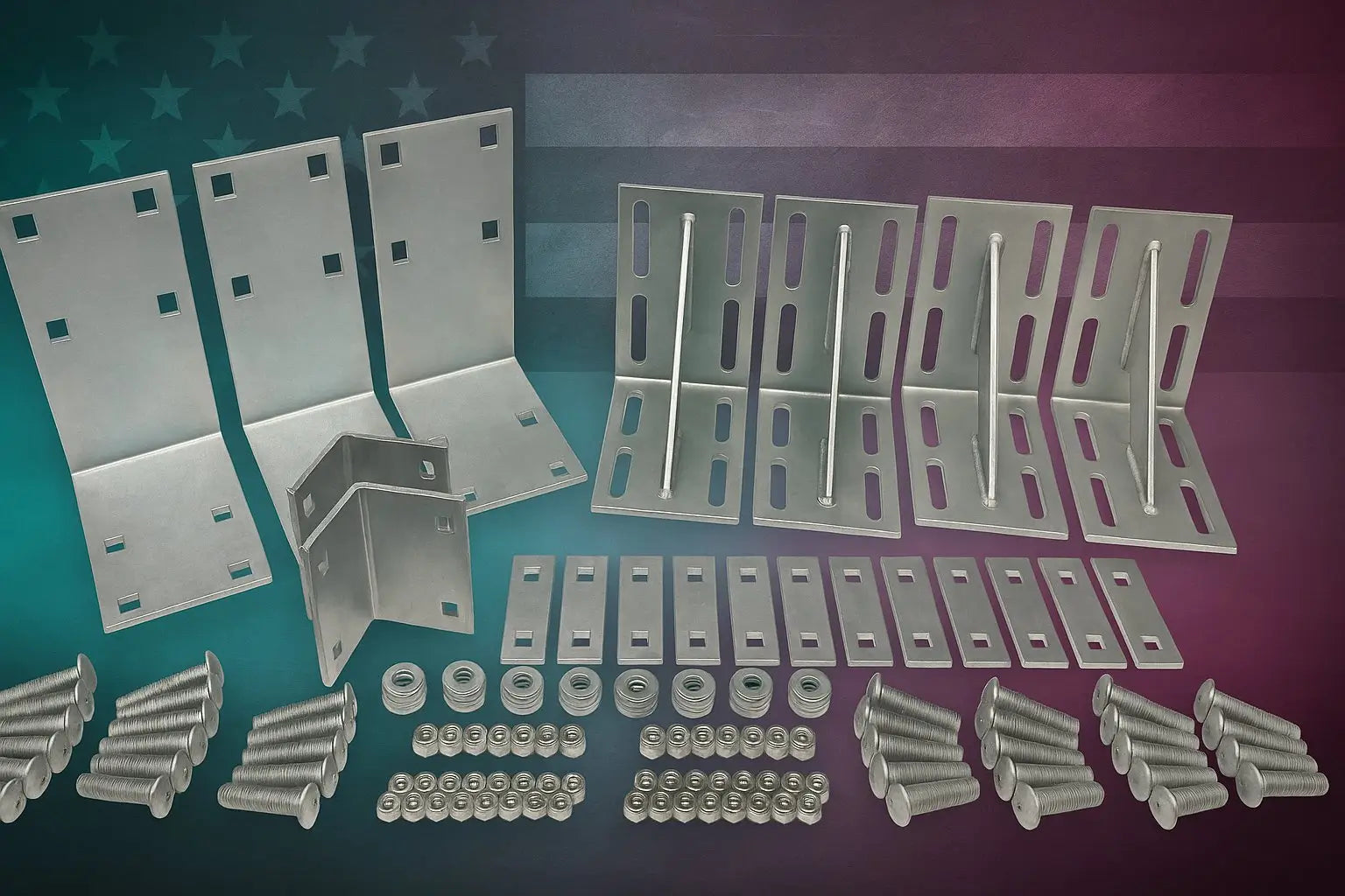 Collection of metal brackets and fasteners on a gradient background