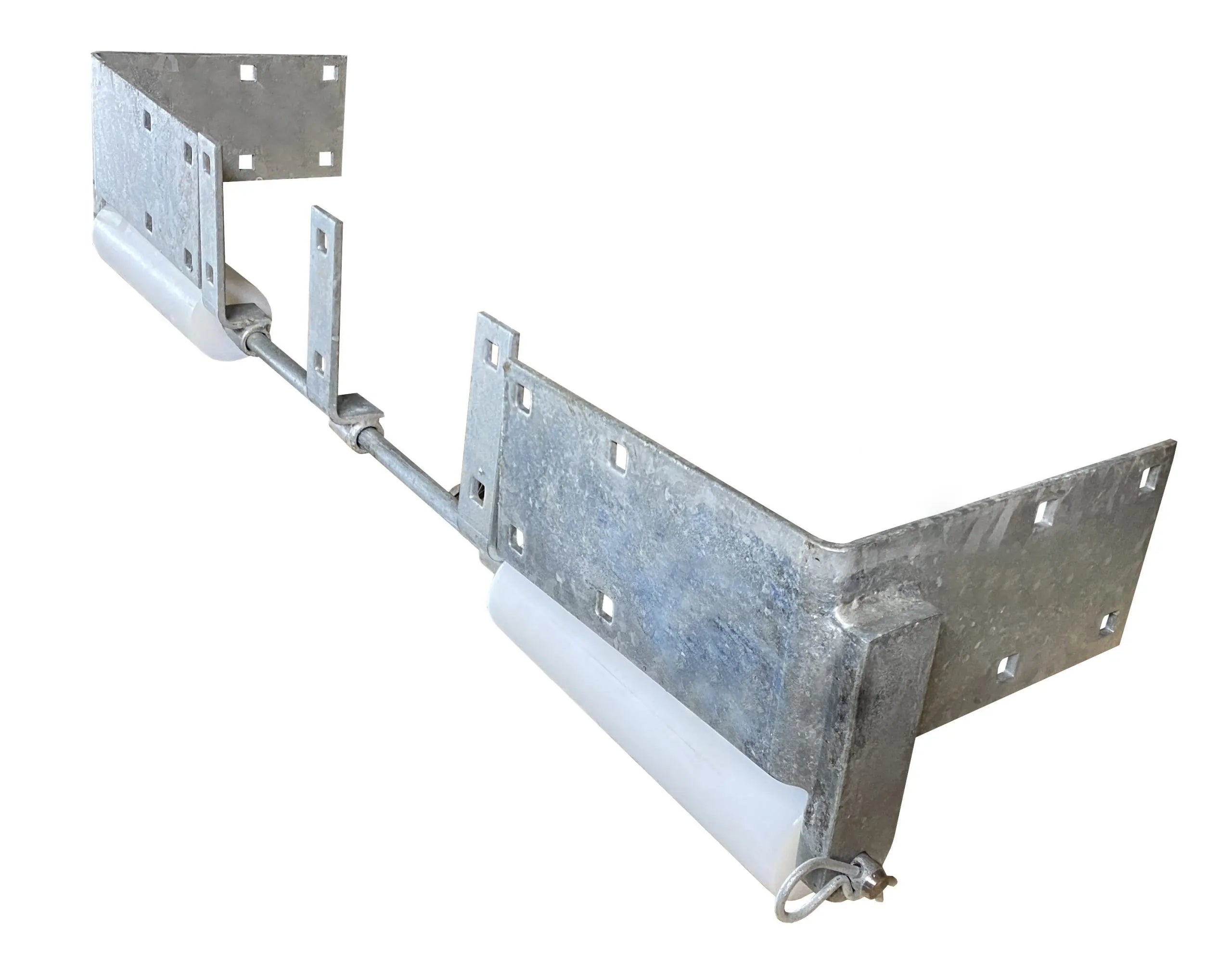 Dock Hardware DH-RRA4 Ramp Roller Assembly, 4′ galvanized steel dock ramp roller with 2 PVC rollers, welded corner ears, and washer plate supports.