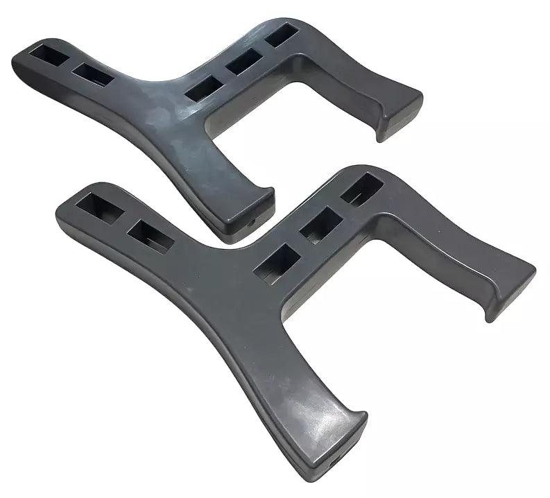 Two gray bench end brackets on a white background