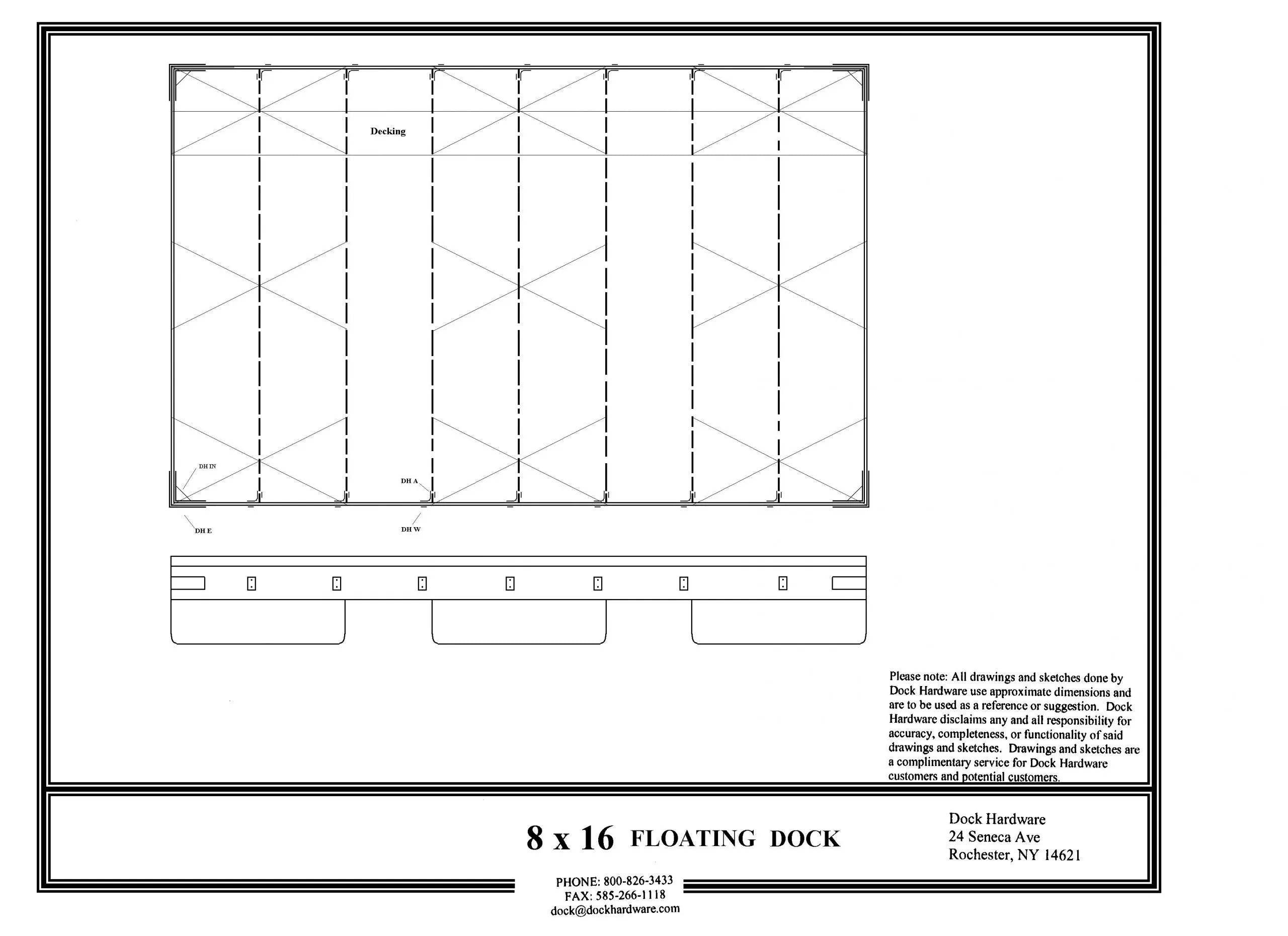 8' x 16' Floating Dock Kit DH-DK0816 with galvanized hardware and floats diagram