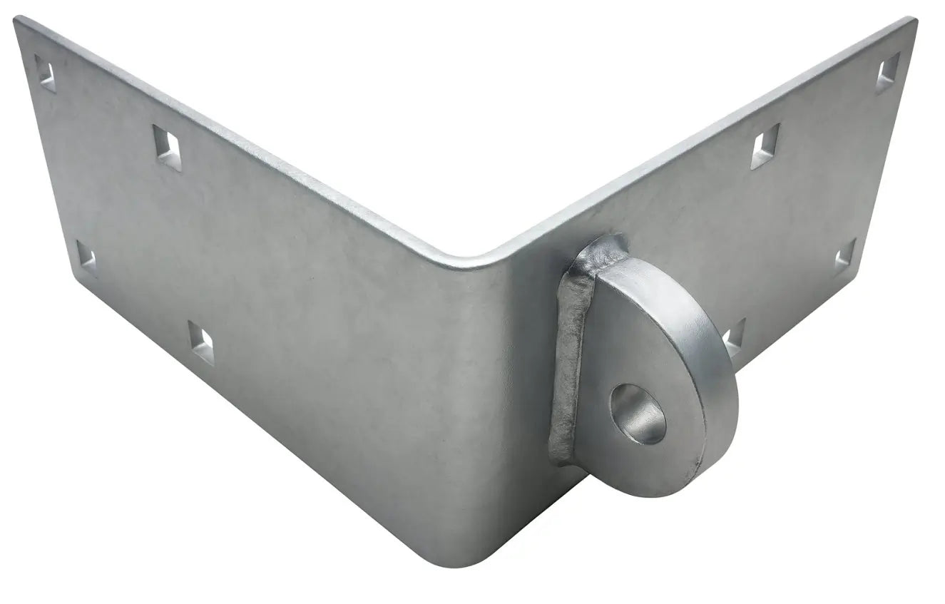 Dock Hardware DH-M Outside Corner Male – 1/4″ galvanized steel dock connector with 10.25″ legs, 5″ height, and welded 3/4″ ear for secure dock corner connections.
