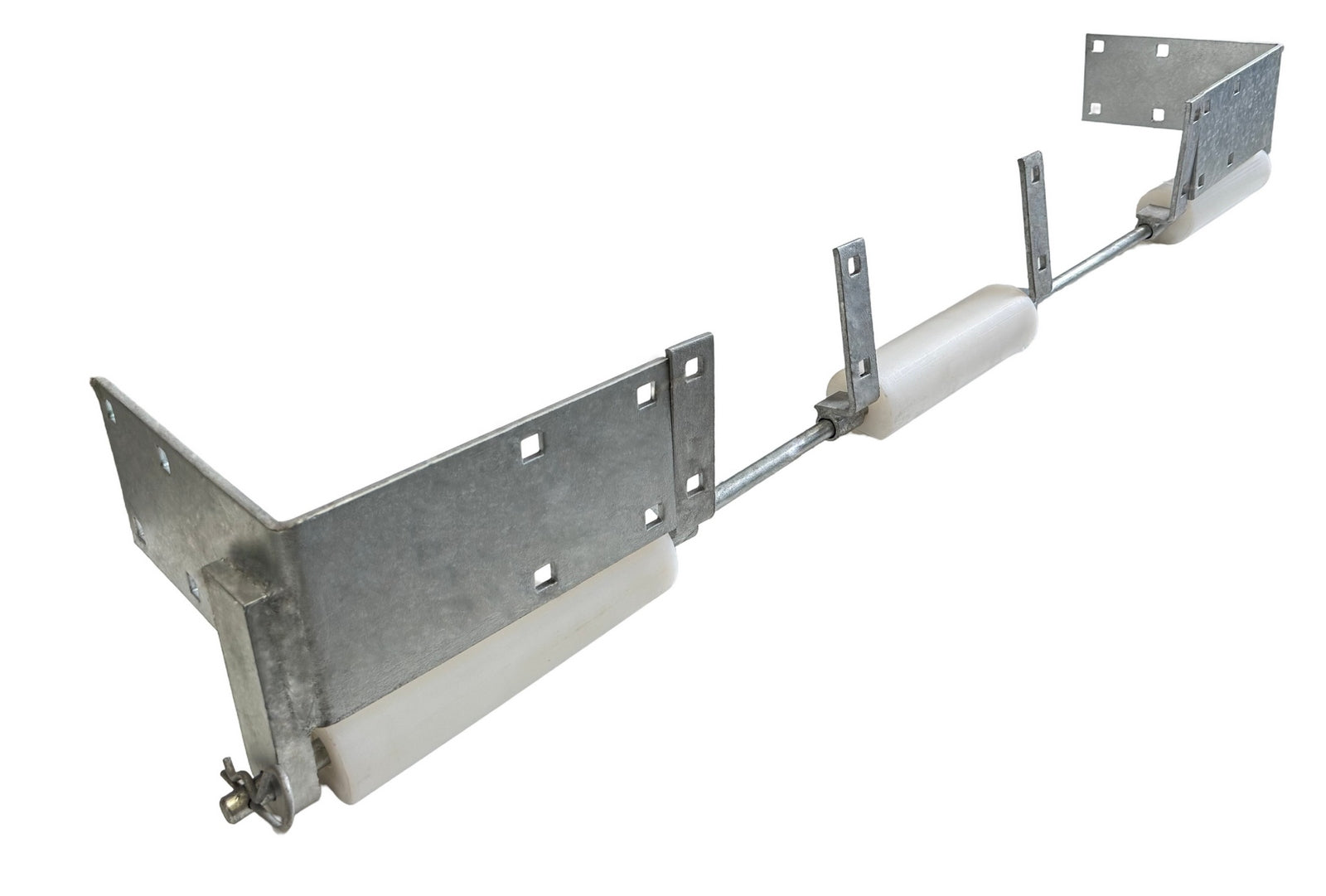 Dock Hardware DH-RRA5 Ramp Roller Assembly – 5′ galvanized steel dock ramp system with 3 PVC rollers, welded corner ears, and washer plate supports.