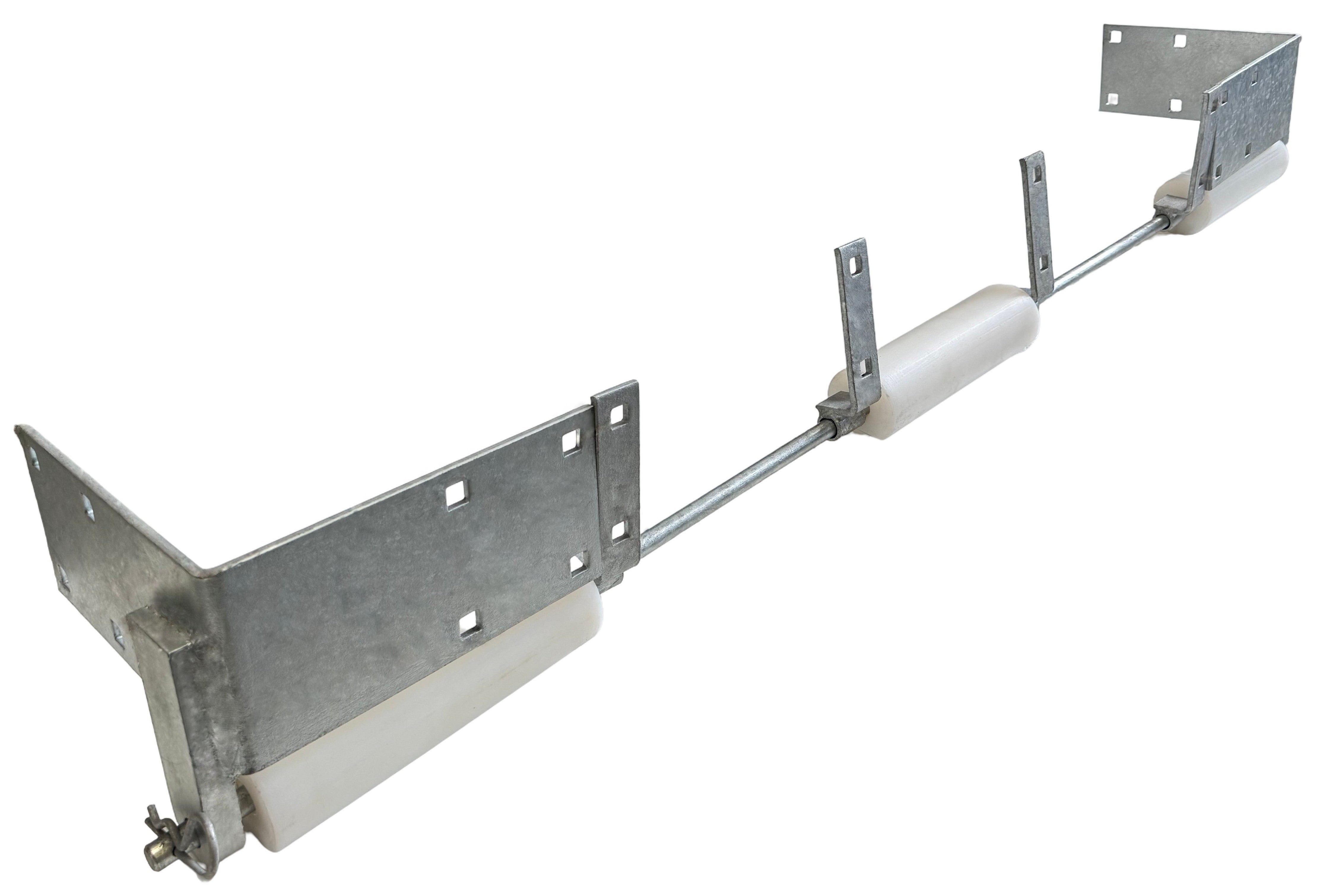 Dock Hardware DH-RRA6 Ramp Roller Assembly – 6′ galvanized steel dock ramp system with 3 PVC rollers, welded corner ears, and washer plate supports.